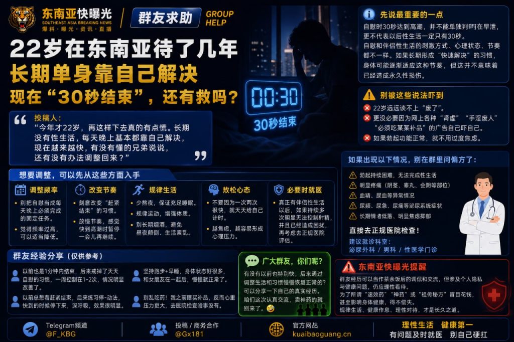 东南亚｜22岁华人长期单身自我解决，射精仅30秒求助调整方法