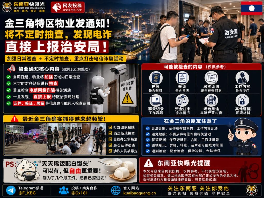 老挝金三角特区资讯｜部分物业发布通知，将抽查并向治安局上报电诈