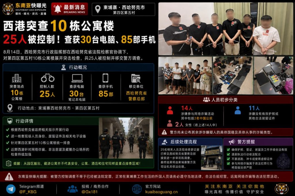 柬埔寨资讯｜西港突查10栋公寓楼，25人被控制并查获大批电子设备