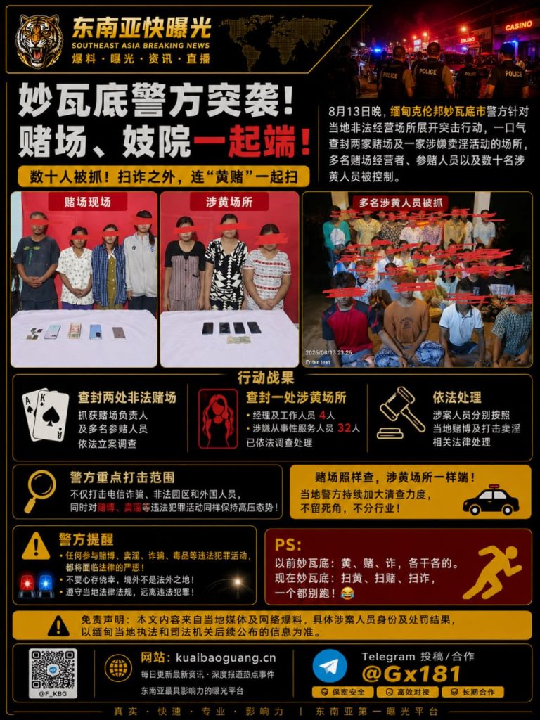 缅甸资讯｜妙瓦底警方突击检查赌场与涉黄场所，数十人被控制