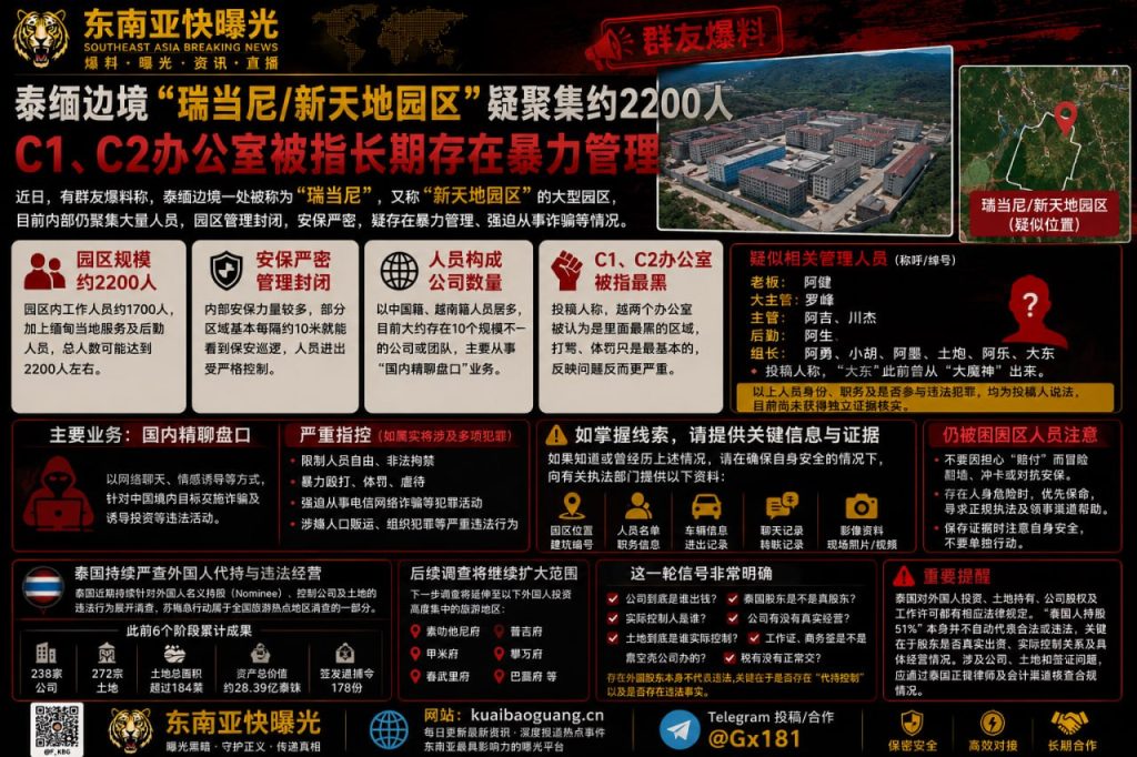 缅甸资讯｜泰缅边境瑞当尼新天地园区疑聚2200人，C1与C2被指长期暴力管理