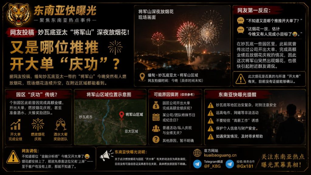 缅甸资讯｜妙瓦底亚太将军山深夜燃放烟花，引发当地群友调侃