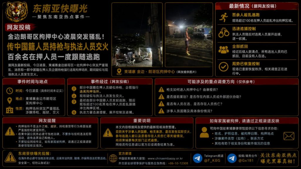 柬埔寨资讯｜金边朗哥区拘押中心爆发骚乱，百余名在押人员趁乱逃跑后被全数抓回