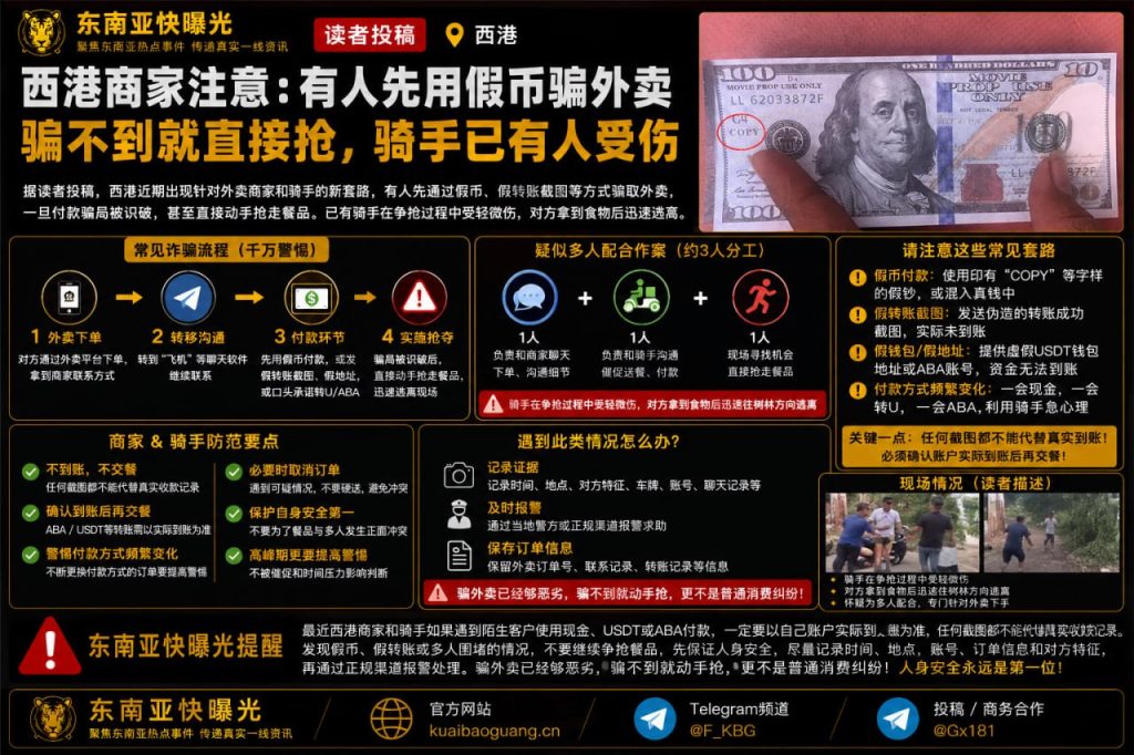 柬埔寨资讯｜西港近期出现针对外卖商家和骑手的新套路，骑手遇假币与抢夺受伤