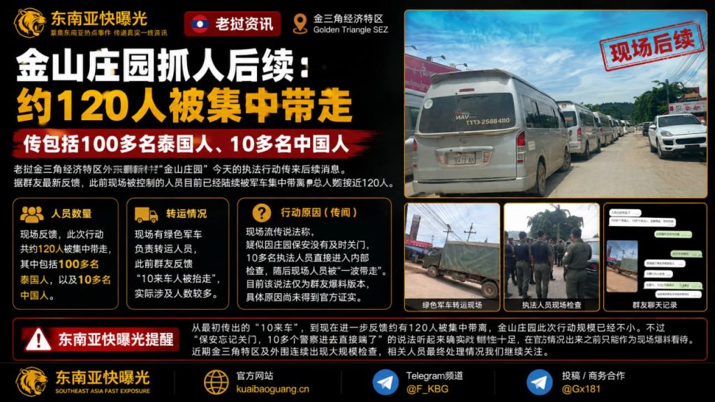 老挝金三角｜金山庄园执法行动后续更新，约一百二十人被集中带离
