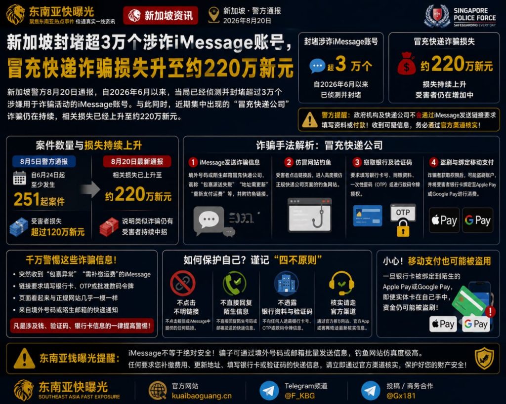 新加坡资讯｜iMessage诈骗损失升至约220万新元，警方封堵超3万个涉诈账号