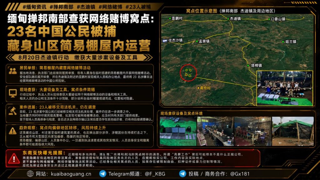 缅甸资讯｜杰迪镇山区查获网络赌博窝点，23名中国公民被捕