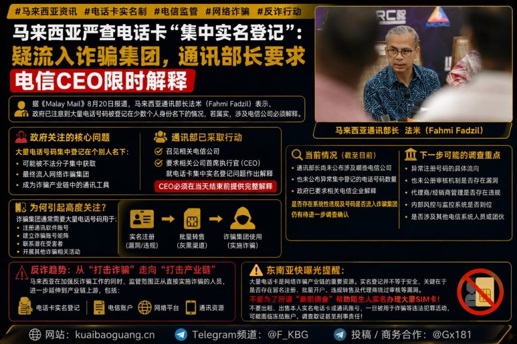 马来西亚资讯｜马来西亚严查电话卡集中实名登记，通讯部长要求电信公司CEO限时解释