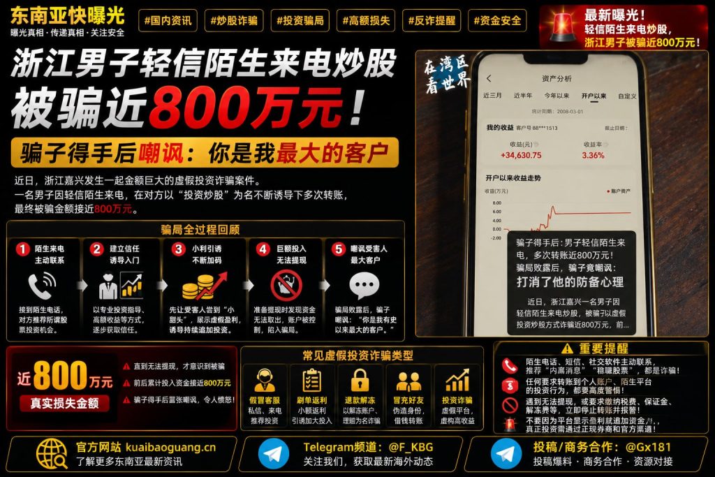 浙江嘉兴｜男子轻信陌生来电炒股被骗近800万，骗子嘲讽其为最大客户