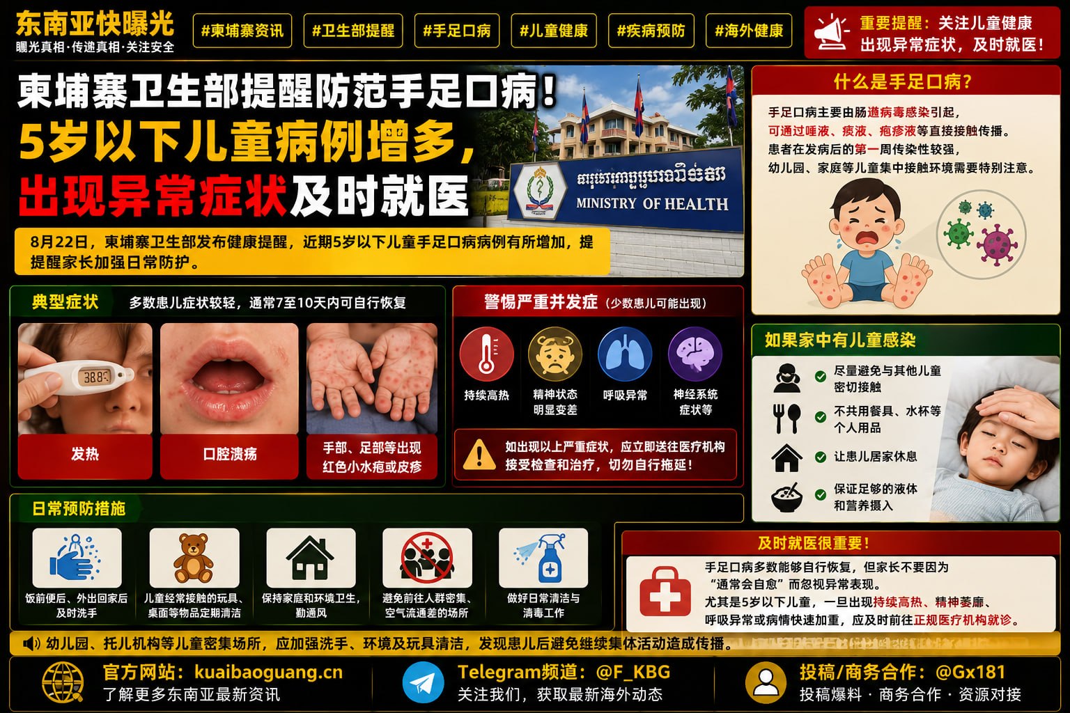 卫生部提醒：防范手足口病柬埔寨卫生部8月22日提醒，5岁以下儿童手足口病病例增多，应到基层医疗机构就诊。