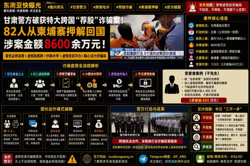 甘肃资讯｜甘肃警方破获特大跨国荐股诈骗案，82名嫌疑人从柬埔寨押解回国