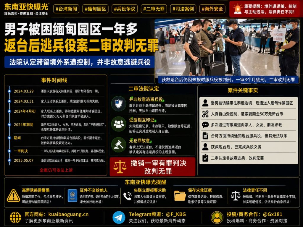 台湾资讯｜台中男子受困缅甸诈骗园区获救返台，二审逆转改判兵役案无罪