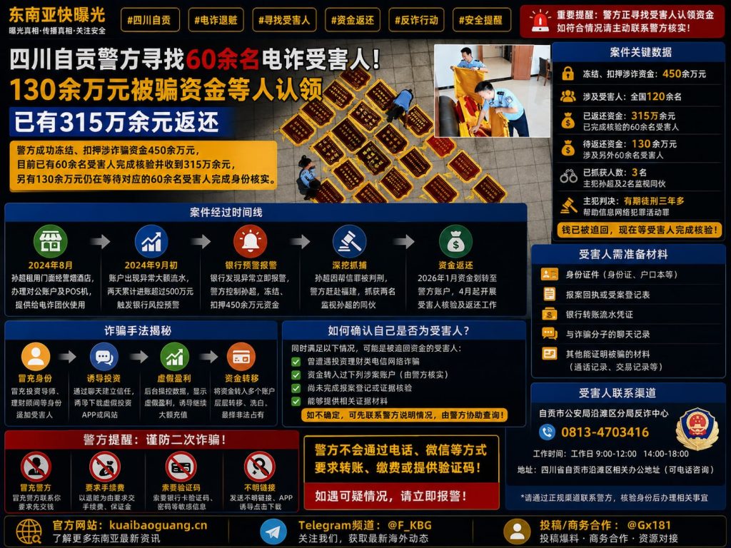 四川自贡｜沿滩警方寻找电信网络诈骗受害人，百余万元被骗资金等待认领