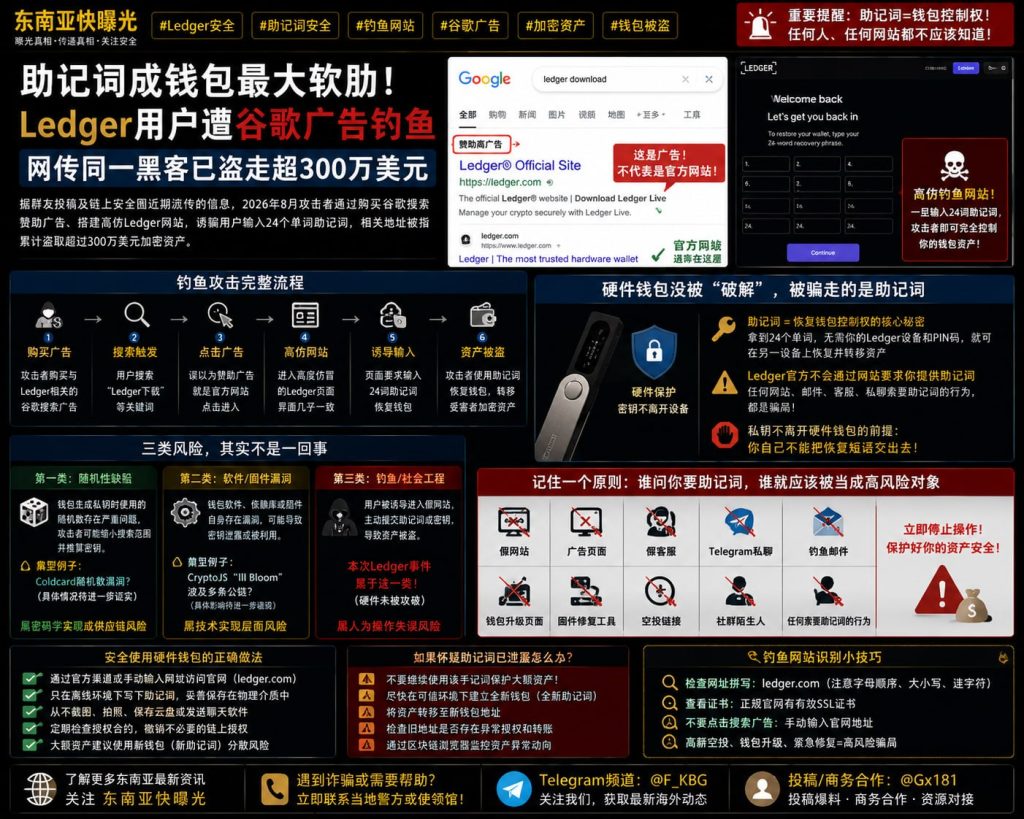 加密安全资讯｜Ledger用户遭遇谷歌广告钓鱼，网传同一黑客已盗走超300万美元