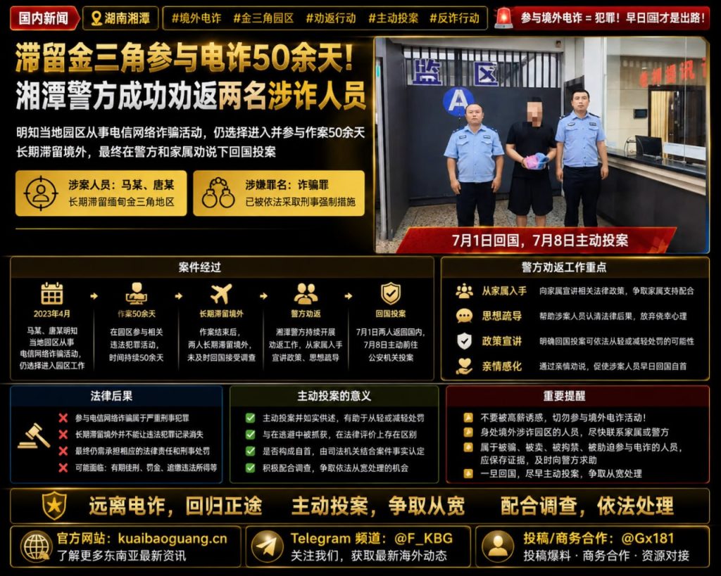 湖南湘潭｜两名滞留金三角参与电诈人员回国投案