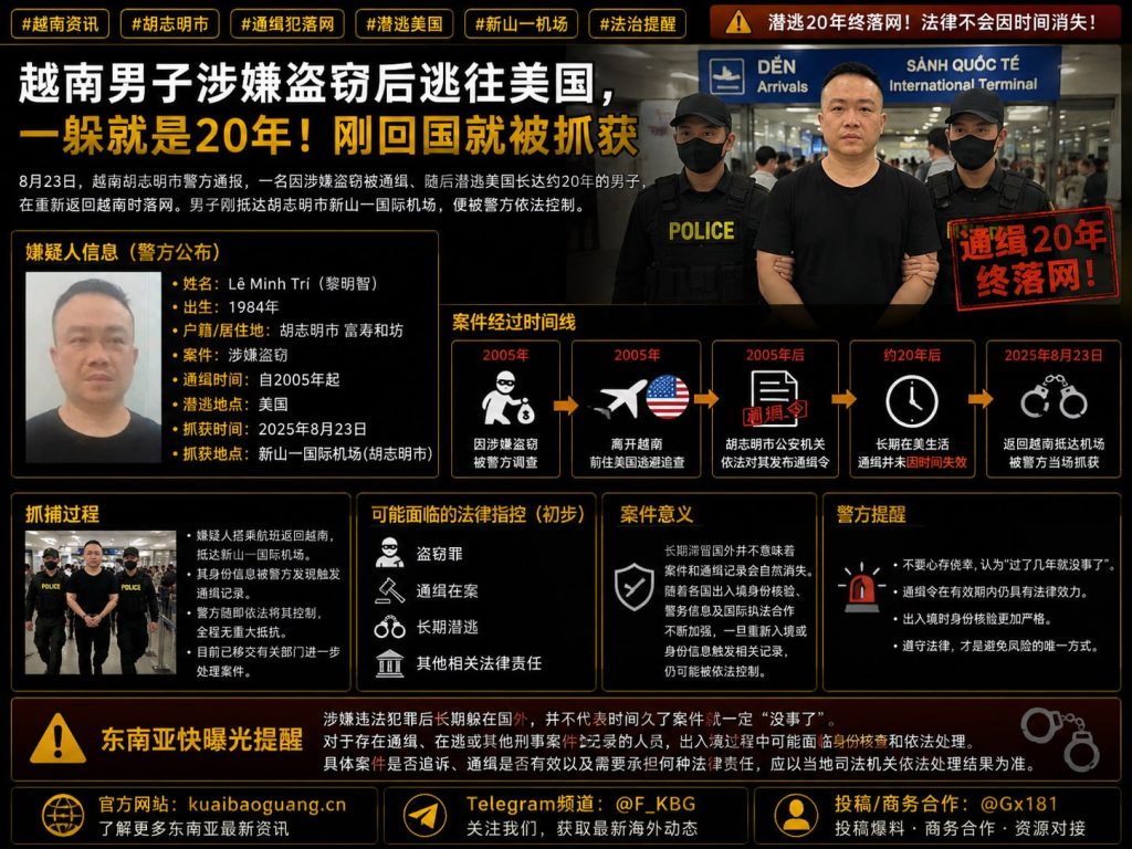 越南资讯｜涉嫌盗窃潜逃美国二十年男子返回新山一机场落网