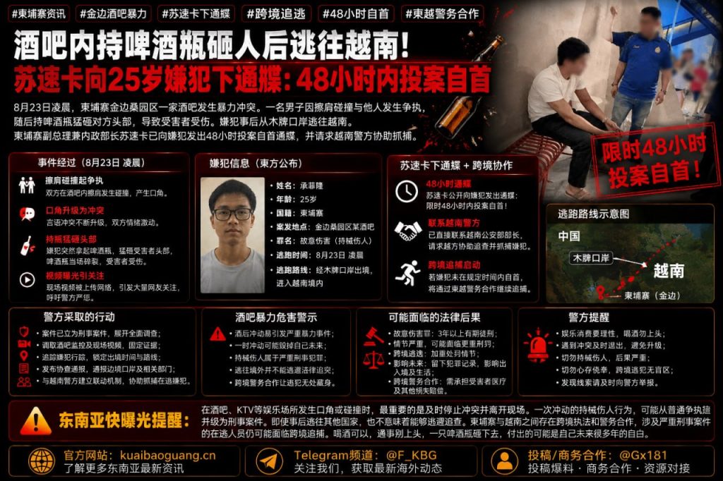 柬埔寨资讯｜金边酒吧持啤酒瓶砸人事件，嫌犯潜逃越南遭苏速卡通牒