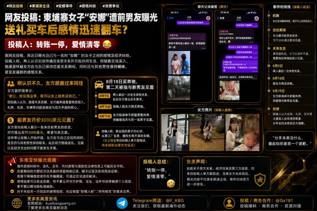 柬埔寨资讯｜柬埔寨一女子遭前男友曝光，网传送礼买车后感情纠纷引发热议