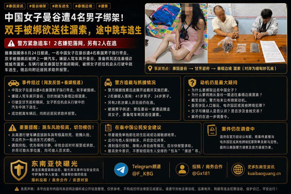 泰国资讯｜中国女子曼谷遭绑架送往湄索，跳车逃生后两名嫌犯落网