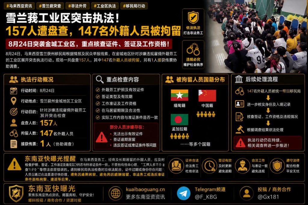 马来西亚资讯｜雪兰莪工业区突击执法盘查157人，147名外籍人员被拘留