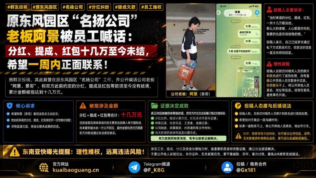 缅甸资讯｜原东风园区名扬公司老板阿景遭员工公开喊话，十几万元分红提成至今未结