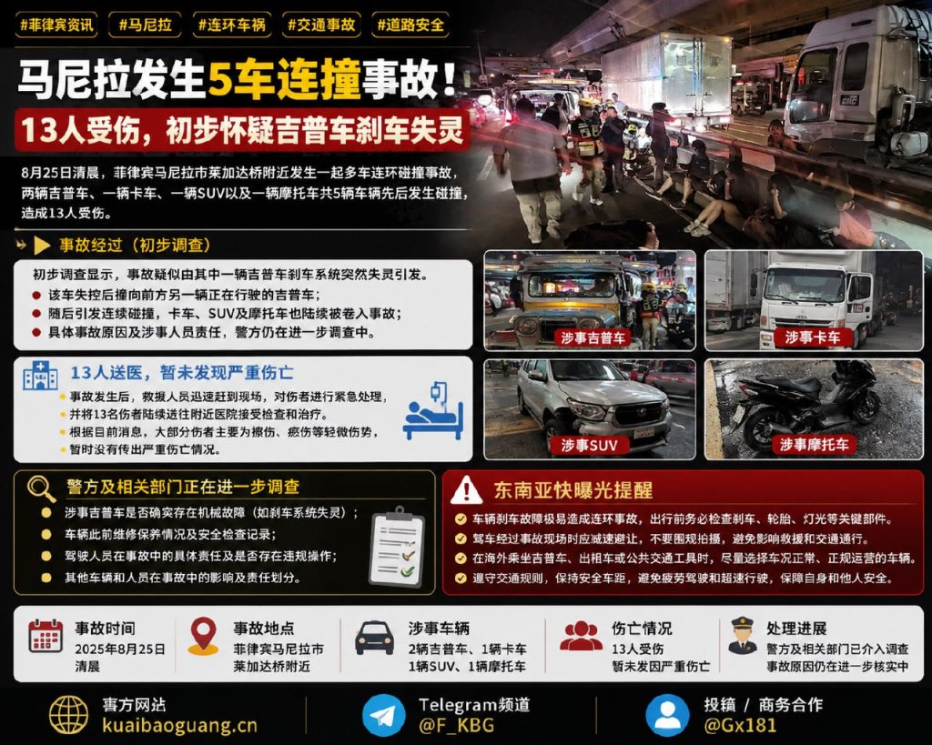 菲律宾资讯｜马尼拉莱加达桥发生五车连撞事故，致十三人受伤送医