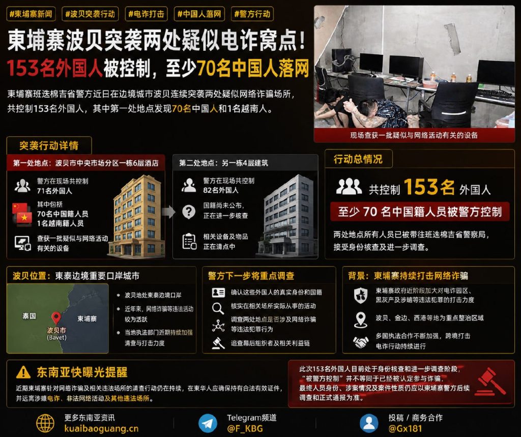 柬埔寨资讯｜班迭棉吉省警方突袭波贝，153名外国人落网