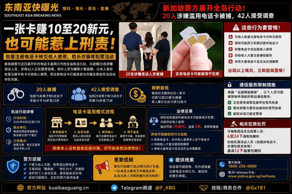 新加坡资讯｜新加坡警方突击全岛电话卡滥用行为，20人涉案被捕