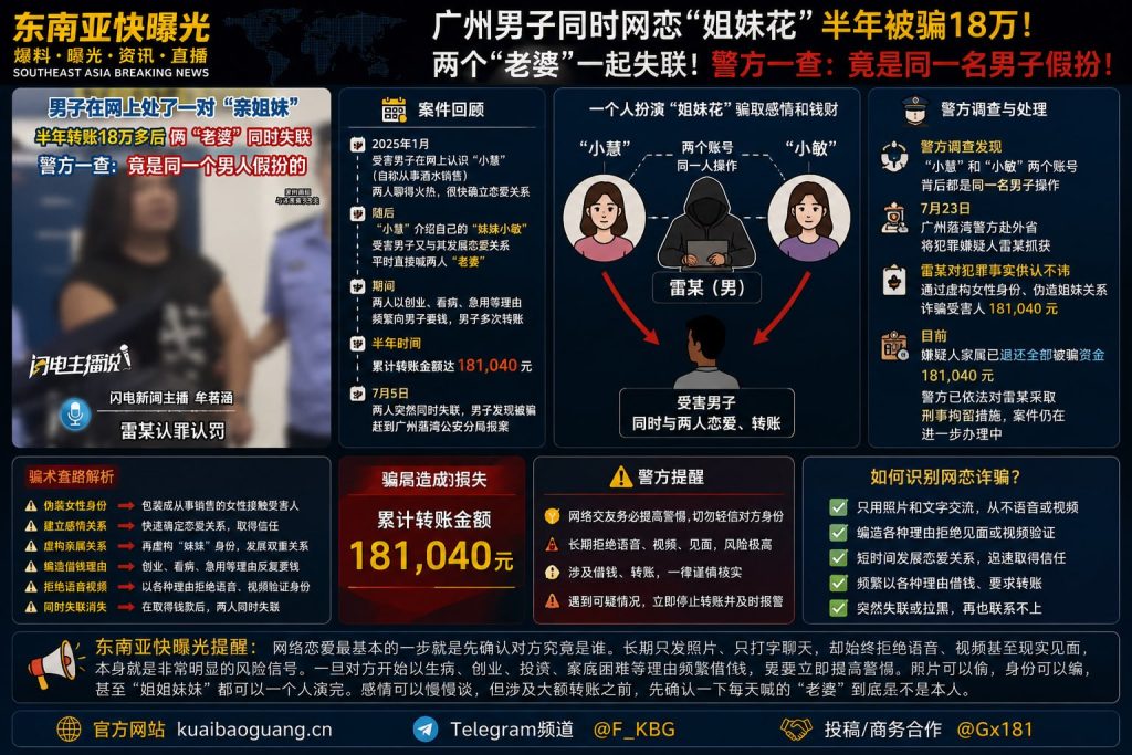 广州资讯｜男子同时网恋姐妹花半年被骗18万，警方查出竟是同一男子假扮