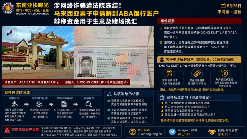 柬埔寨资讯｜马来西亚男子在暹粒涉网络诈骗，ABA银行账户遭冻结后申请解封