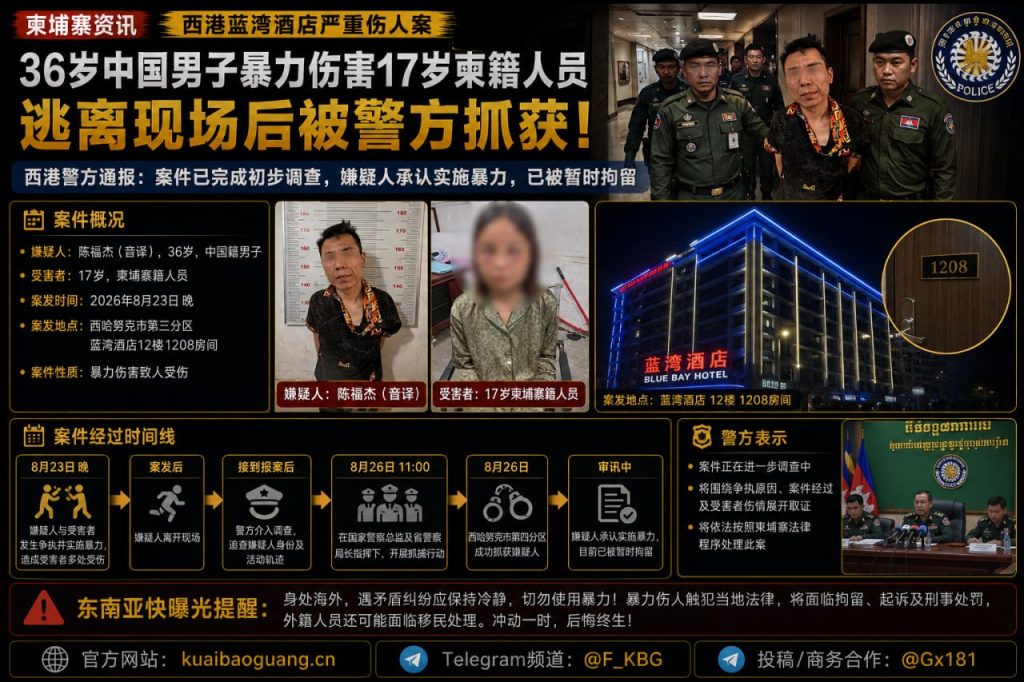 柬埔寨资讯｜西港蓝湾酒店发生严重伤人案，涉案中国男子被抓