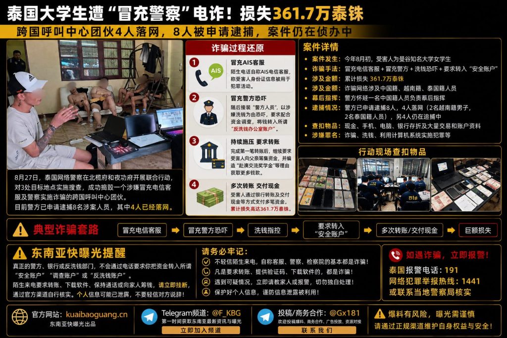泰国资讯｜泰国大学生遭冒充警察电诈，损失361万泰铢4人落网