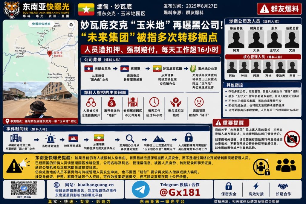 缅甸资讯｜妙瓦底交克玉米地园区未来集团遭爆料，多人被困强制赔付