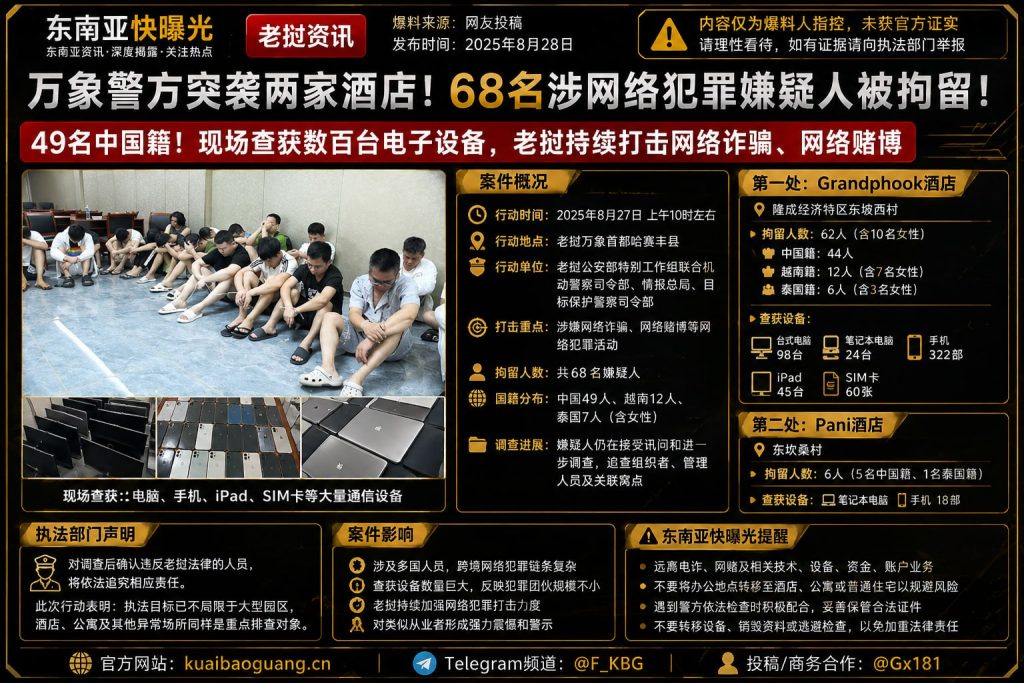 老挝资讯｜万象两处酒店遭突击检查，68名涉网赌电诈嫌疑人被拘留