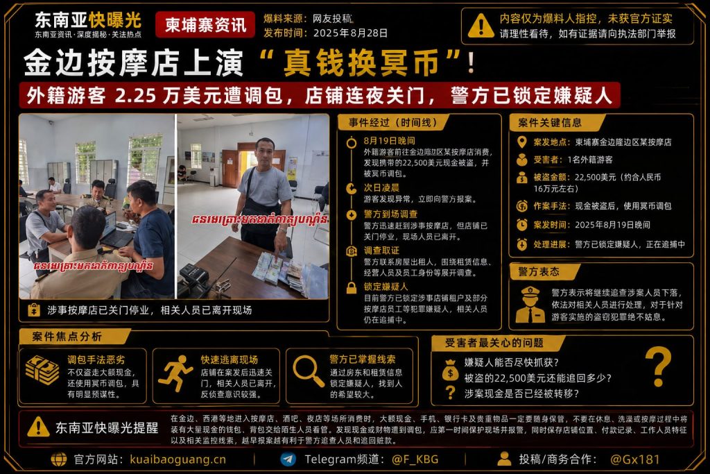 柬埔寨资讯｜金边按摩店上演现金调包，外籍游客2.25万美元被换成冥币
