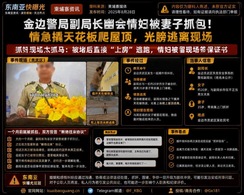 柬埔寨资讯｜金边警局副局长幽会情妇被抓包，撬天花板光膀爬屋顶逃离