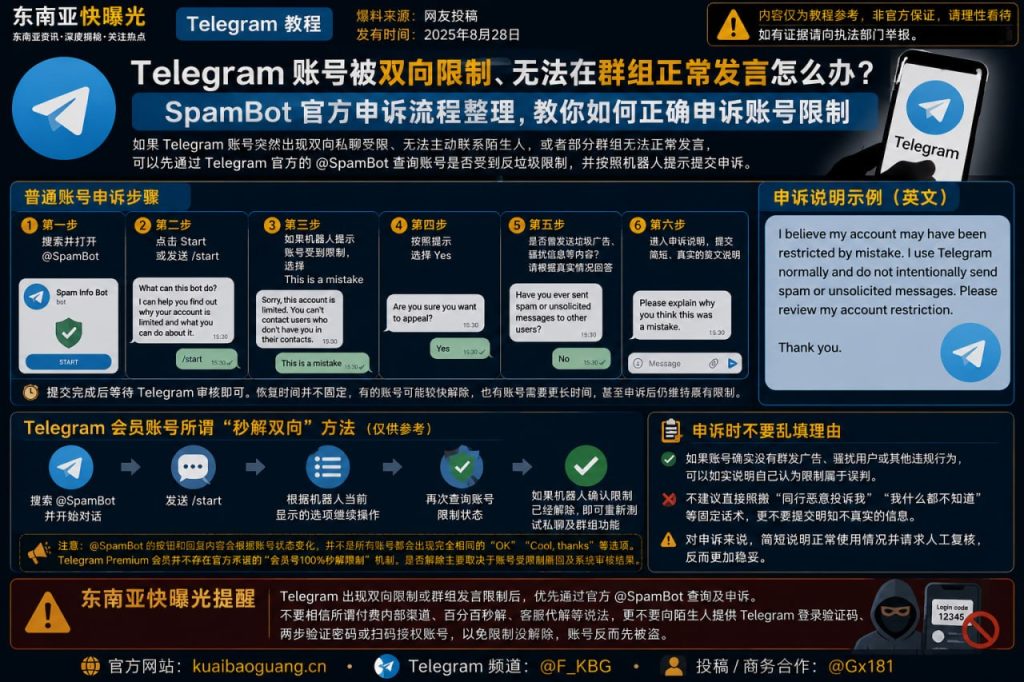 Telegram资讯｜账号遭遇双向限制与发言受阻，官方SpamBot申诉流程整理