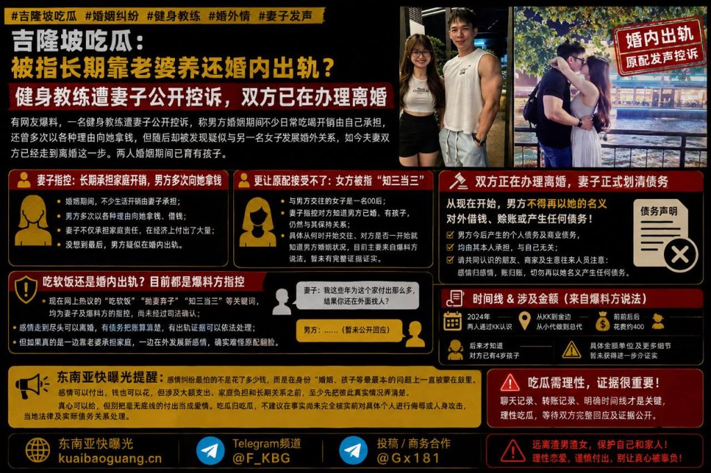 马来西亚吉隆坡｜健身教练遭妻子控诉吃软饭并出轨，双方已在办理离婚