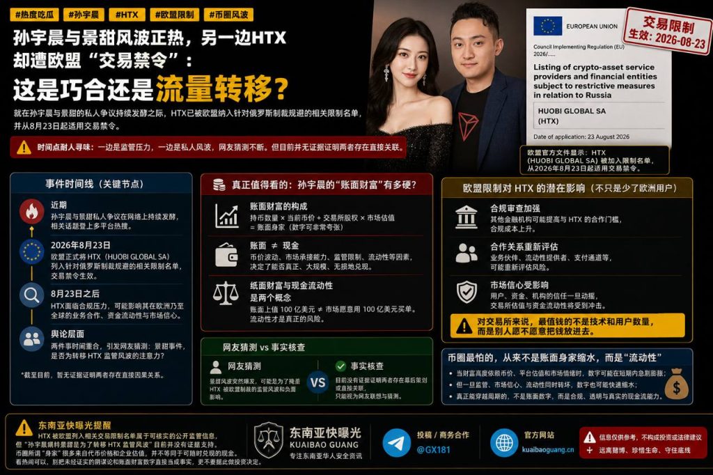 币圈资讯｜孙宇晨陷舆论风波之际，旗下HTX遭欧盟列入交易限制名单