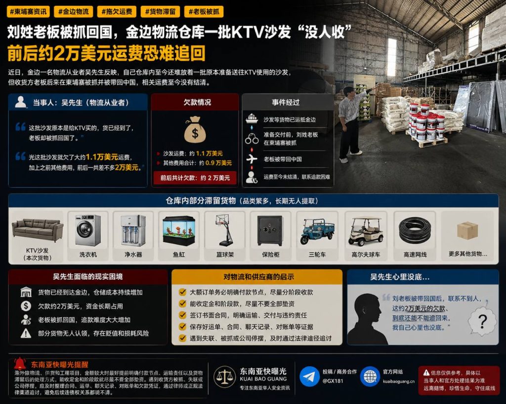 柬埔寨资讯｜金边物流老板被抓回国，仓库大批KTV沙发滞留积压