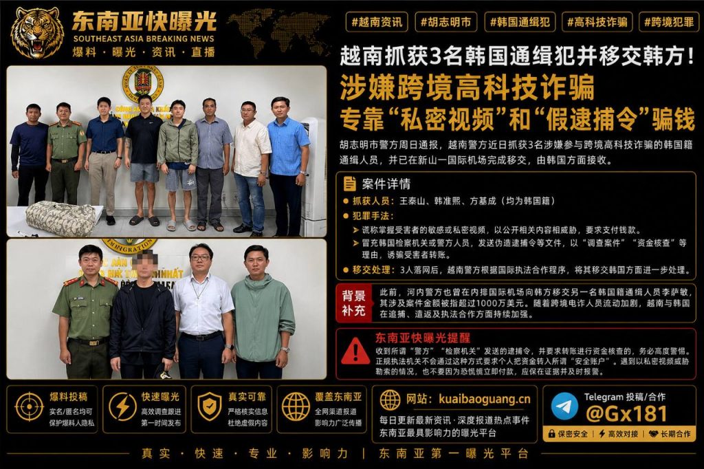 越南资讯｜胡志明市警方抓获3名韩国通缉犯，涉嫌跨境高科技诈骗并已移交韩方