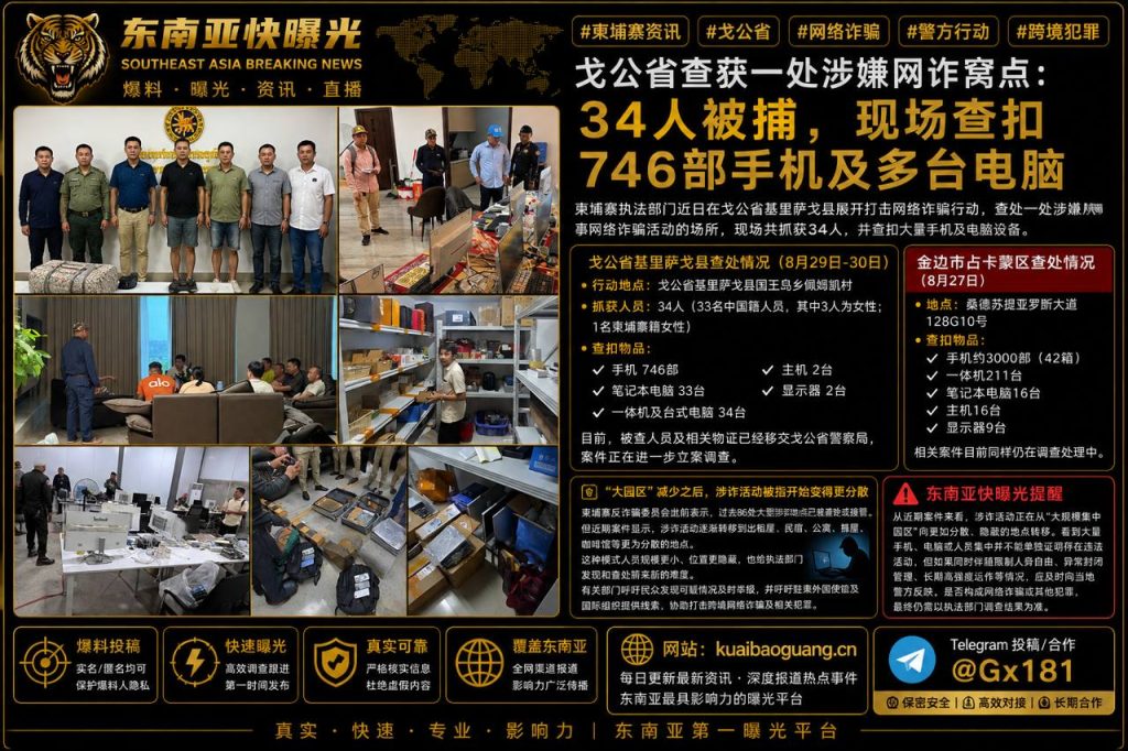 柬埔寨资讯｜戈公省查获网诈窝点34人被捕，金边另查获大批电子设备