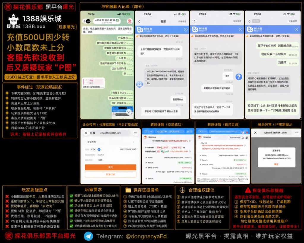 1388娱乐城｜玩家反映充值USDT未上分，遭遇客服从称未收到到质疑P图