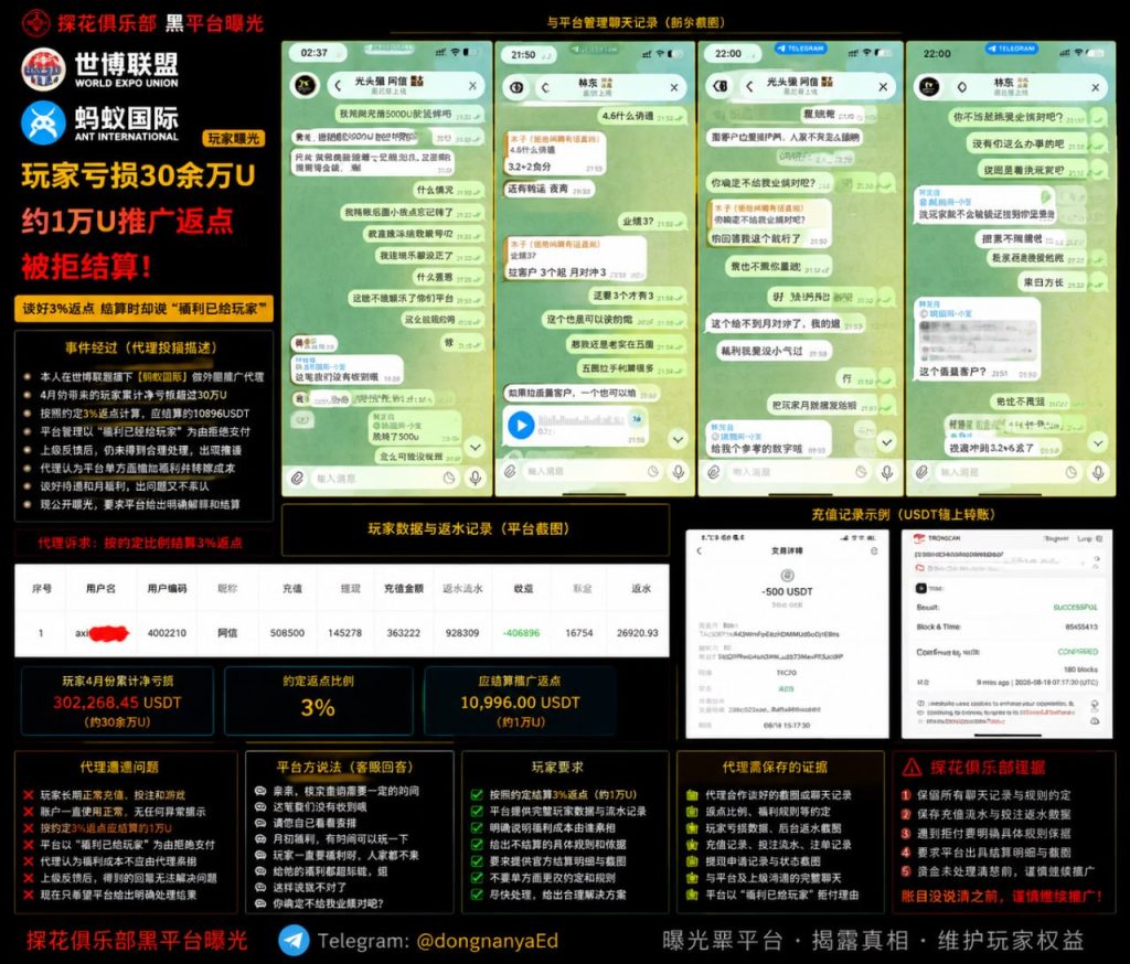 世博联盟旗下蚂蚁国际｜据网友反映推广佣金遭拒结算，多方细节有待核实