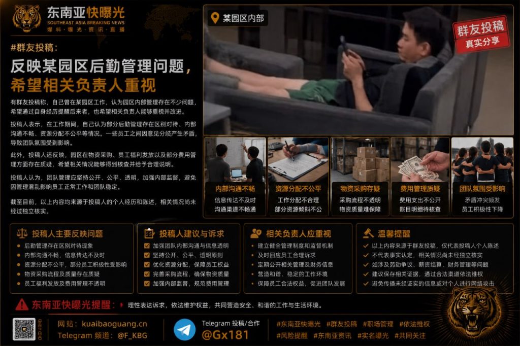 柬埔寨资讯｜群友反映某园区后勤管理问题，呼吁相关负责人重视