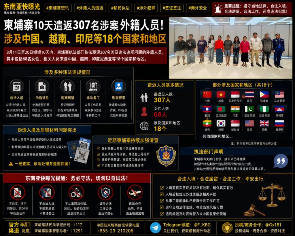 柬埔寨资讯｜10天遣返307名涉案外籍人员，涉及非法入境与刑事犯罪