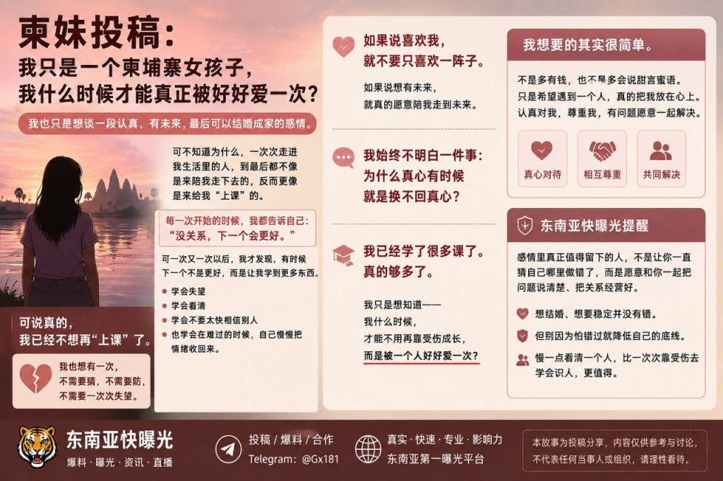 柬埔寨资讯｜一名柬埔寨女孩在社交平台发文表达对婚姻与真挚感情的渴望