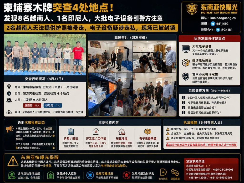 柬埔寨资讯｜柴桢省木牌突击检查4处地点，查获多名外国人员