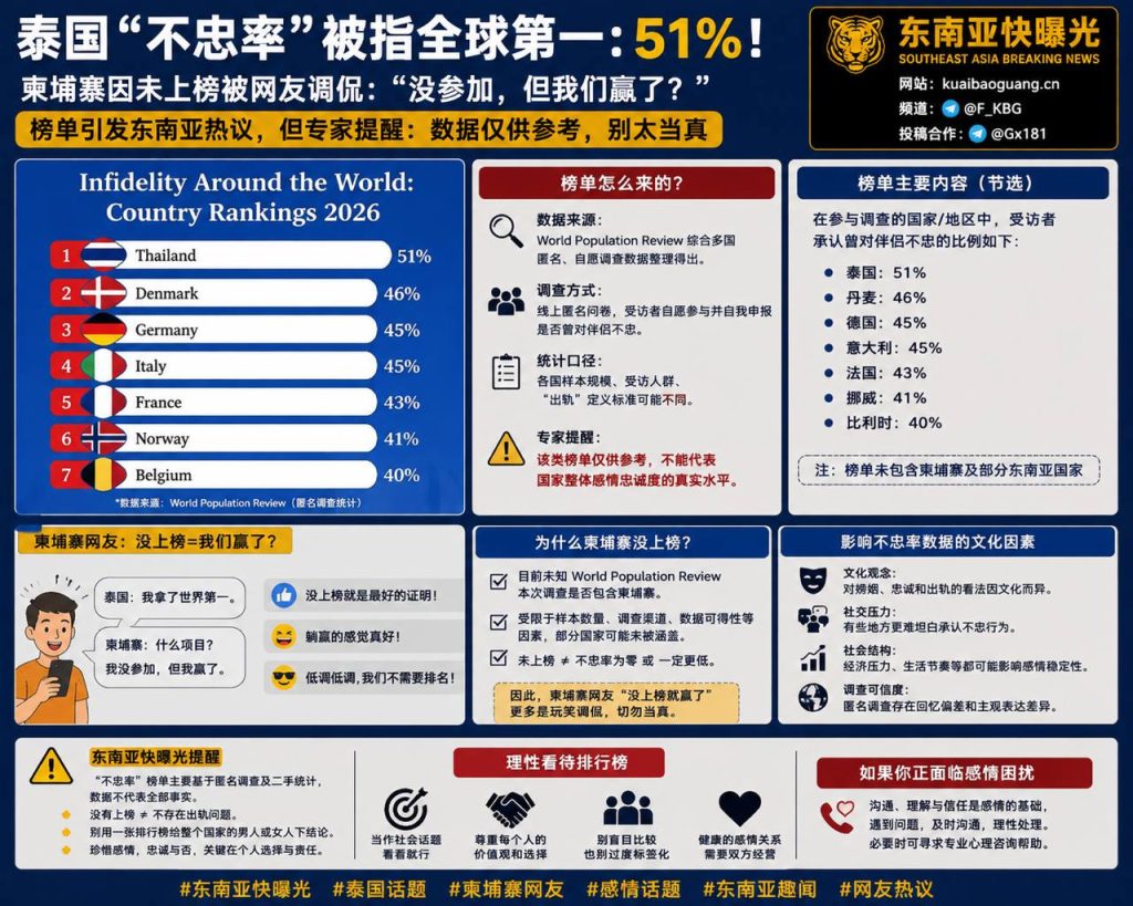 泰国资讯｜泰国不忠率排名引发热议，51%受访者承认不忠居全球榜首