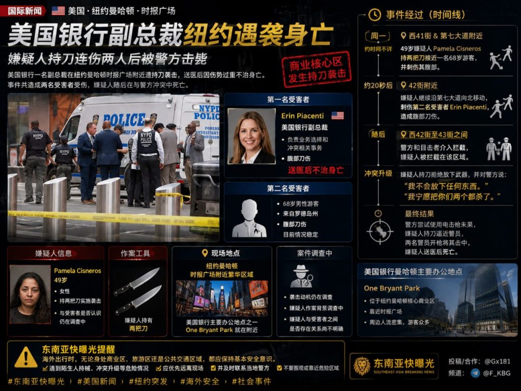 美国资讯｜美国银行副总裁纽约时报广场遇袭身亡，嫌疑人持刀行凶后被击毙